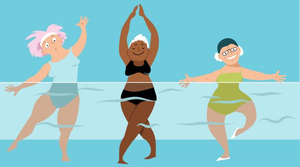 Three mature ladies doing water aerobics exercises in the pool, EPS 8 vector illustration, no transparencies
